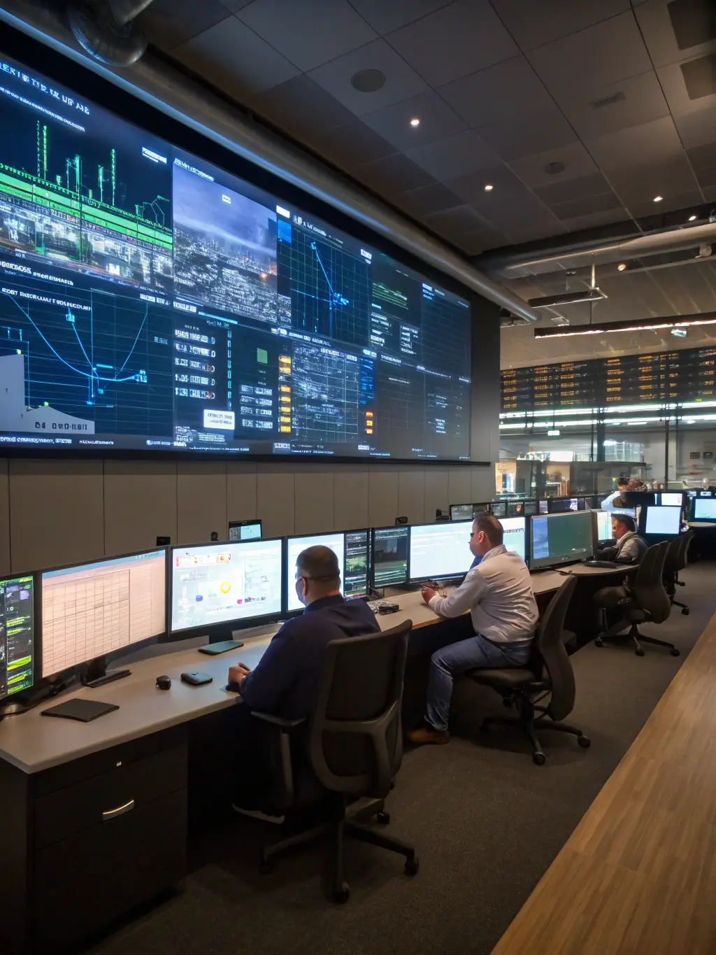 A high-tech control room with multiple screens displaying various city management systems, showcasing UrbanSync Technology's ability to integrate and manage complex urban technologies.