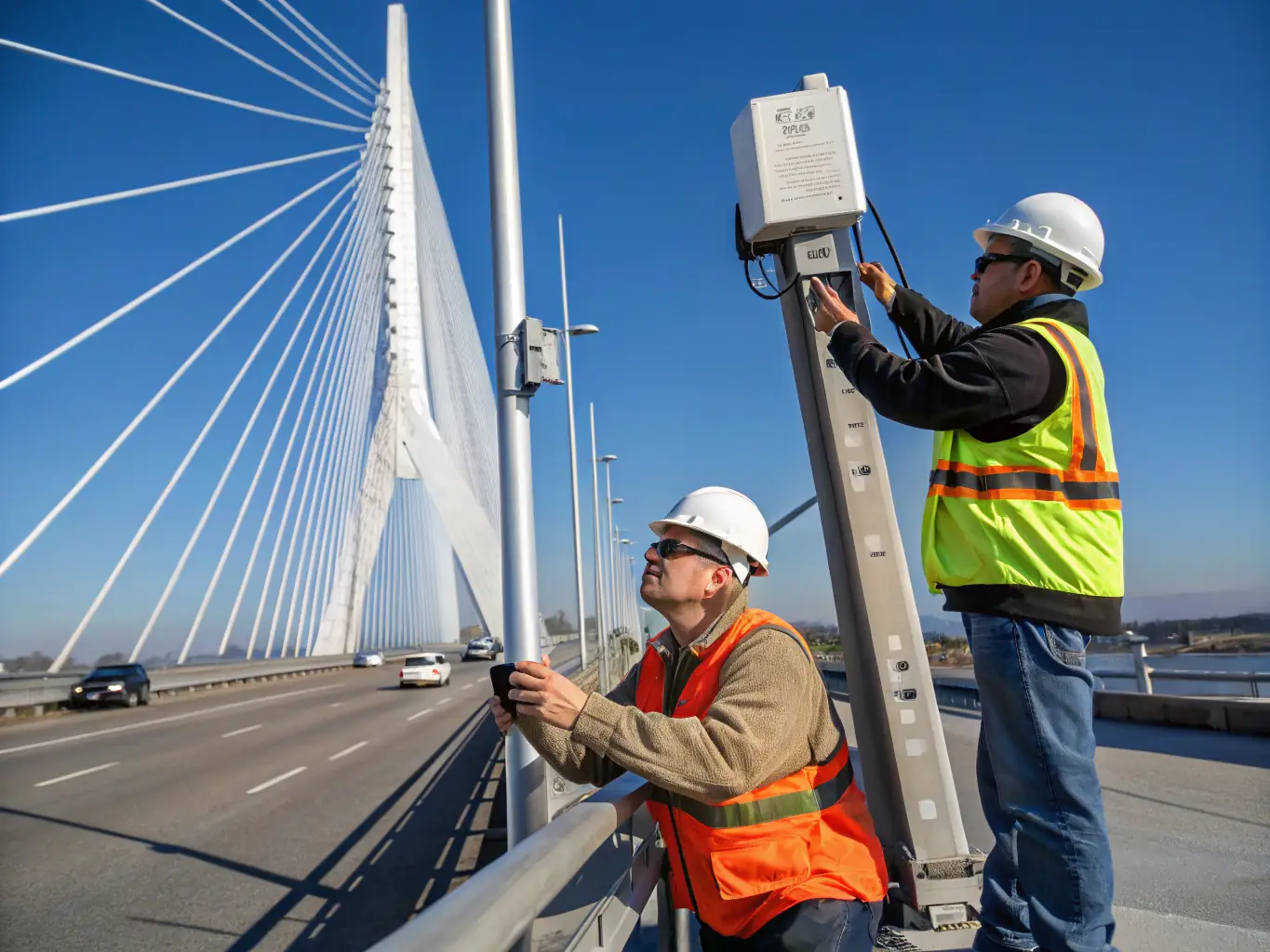 A group of UrbanSync Technology engineers installing smart sensors on a city street, highlighting the company's deployment and installation services.