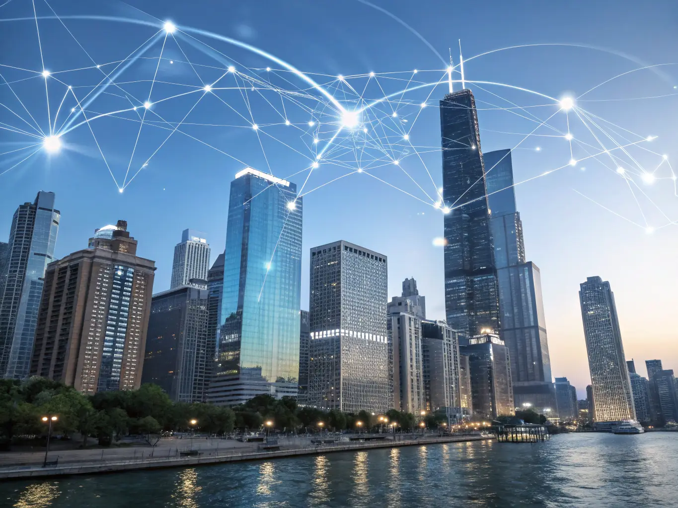 An image showing a cityscape with connected sensors and data streams overlaying buildings and streets, representing UrbanSync Technology's Smart City Infrastructure solutions.