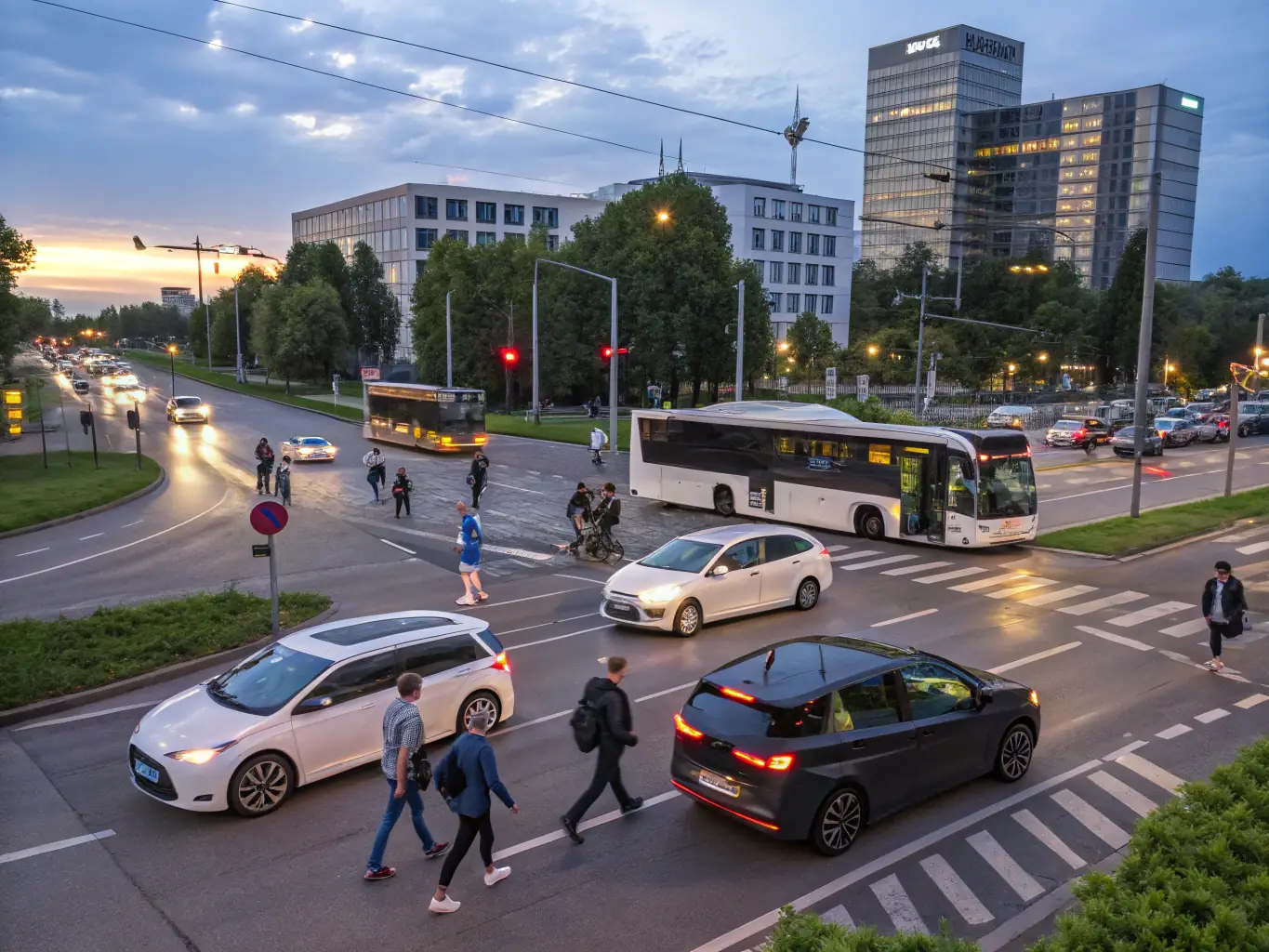 A high-angle, daytime shot of a bustling city intersection, focusing on smart traffic lights and connected vehicles, symbolizing UrbanSync Technology's smart city solutions.
