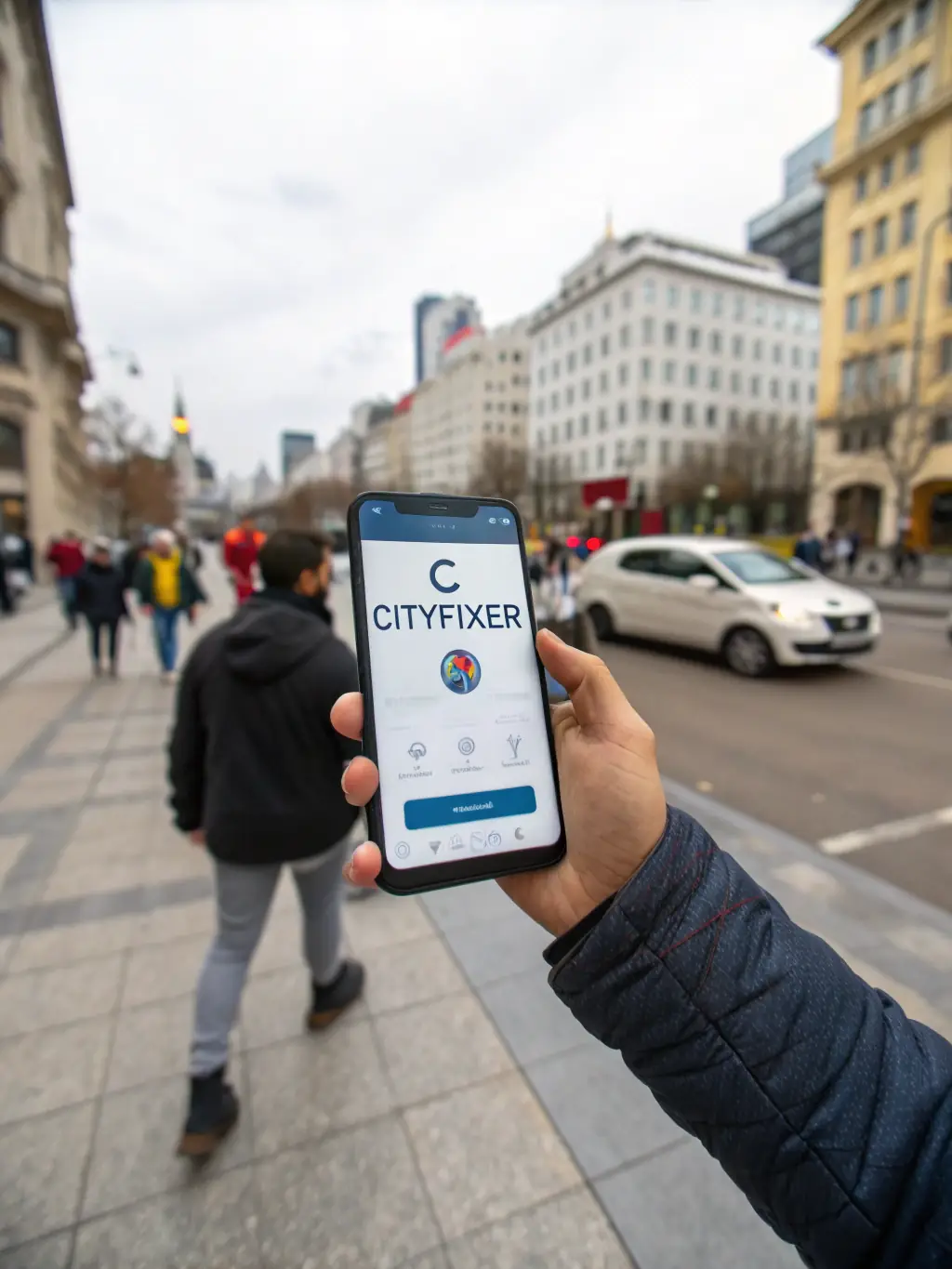An image of a mobile app interface designed for citizen engagement, showing features for feedback submission, city notifications, and community forums, highlighting UrbanSync Technology's focus on citizen-centric solutions.