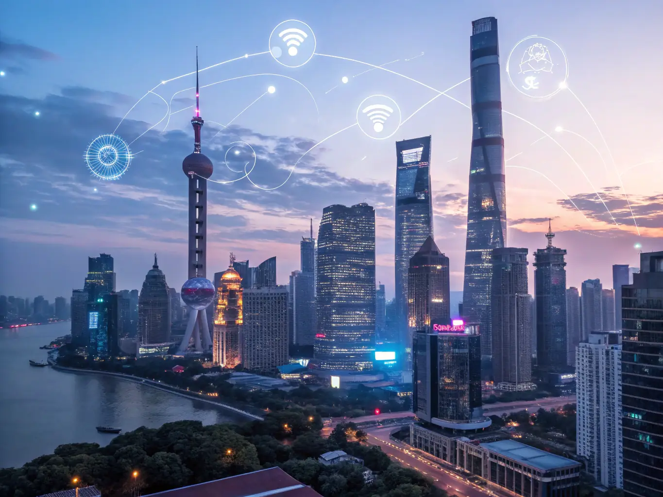 A nighttime view of a city skyline with a focus on a network of sensors and data streams, representing UrbanSync Technology's technology integration capabilities.